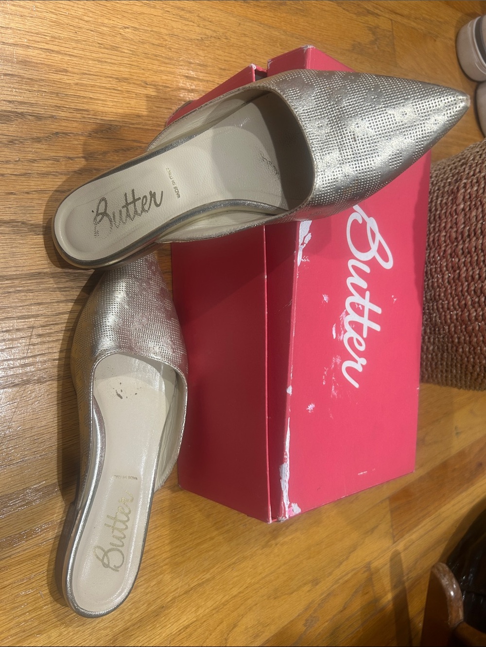 Butter Metallic Champagne Pointed-Toe Slip-On Mules